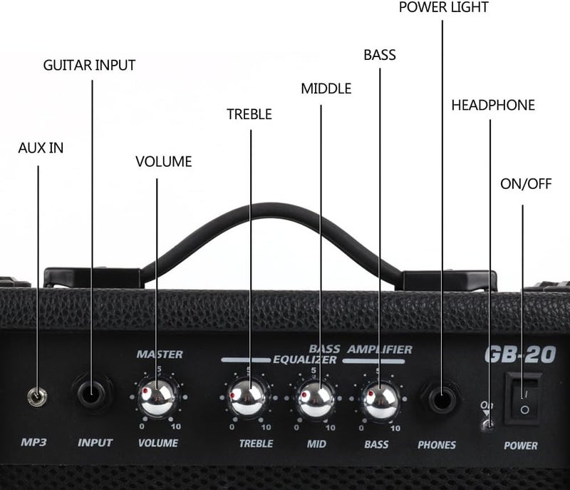 demusea 20W Watt Electric Bass Guitar Black Amplifier Portable Travel Mini Practic Amp Headphone Jack Aux Treble Middle Bass Mp3 with Cable Adapter Guitar Picks in - Image 4